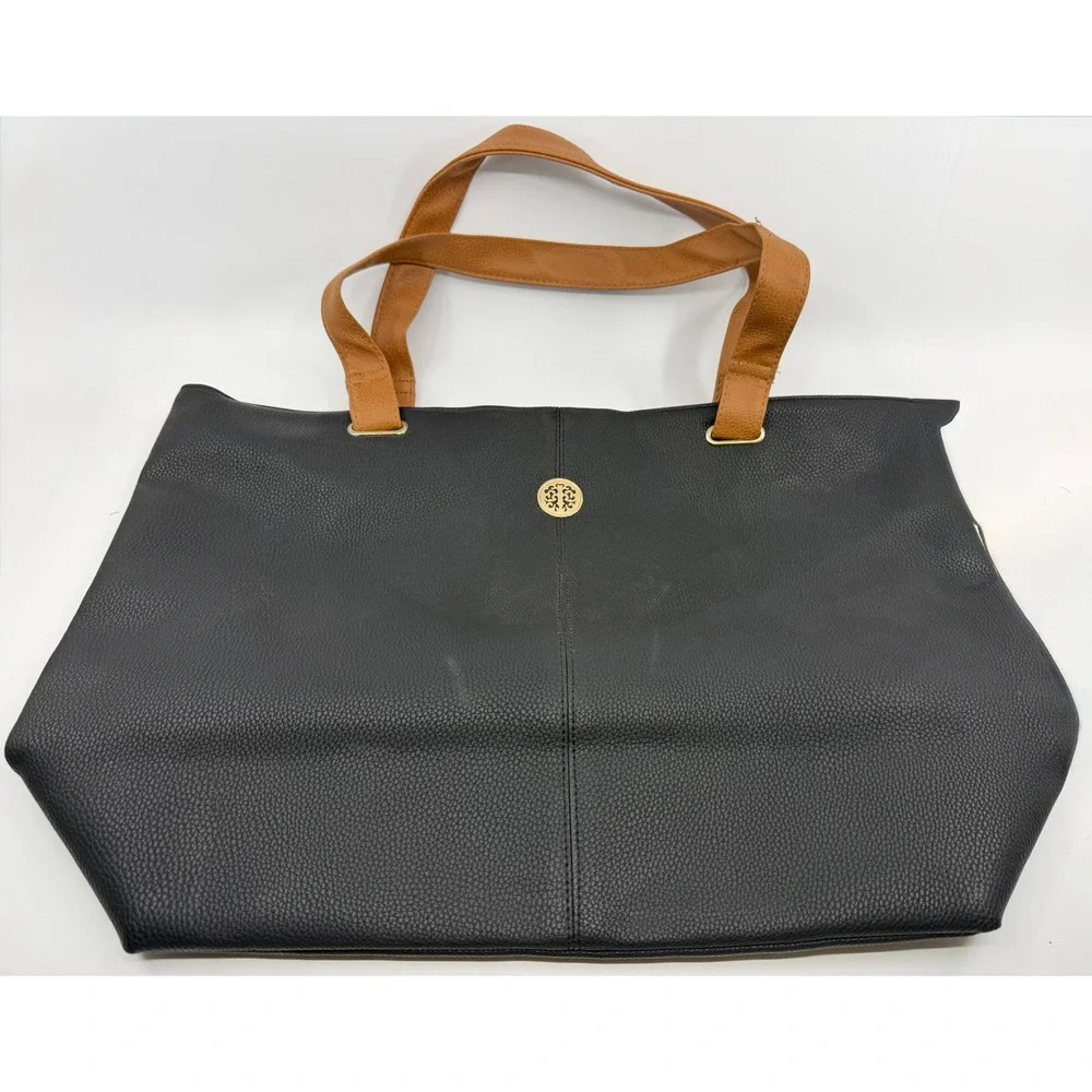 Black Pebbled Faux Leather Tote Bag Tan Straps Gold Medallion‎ Accent Large